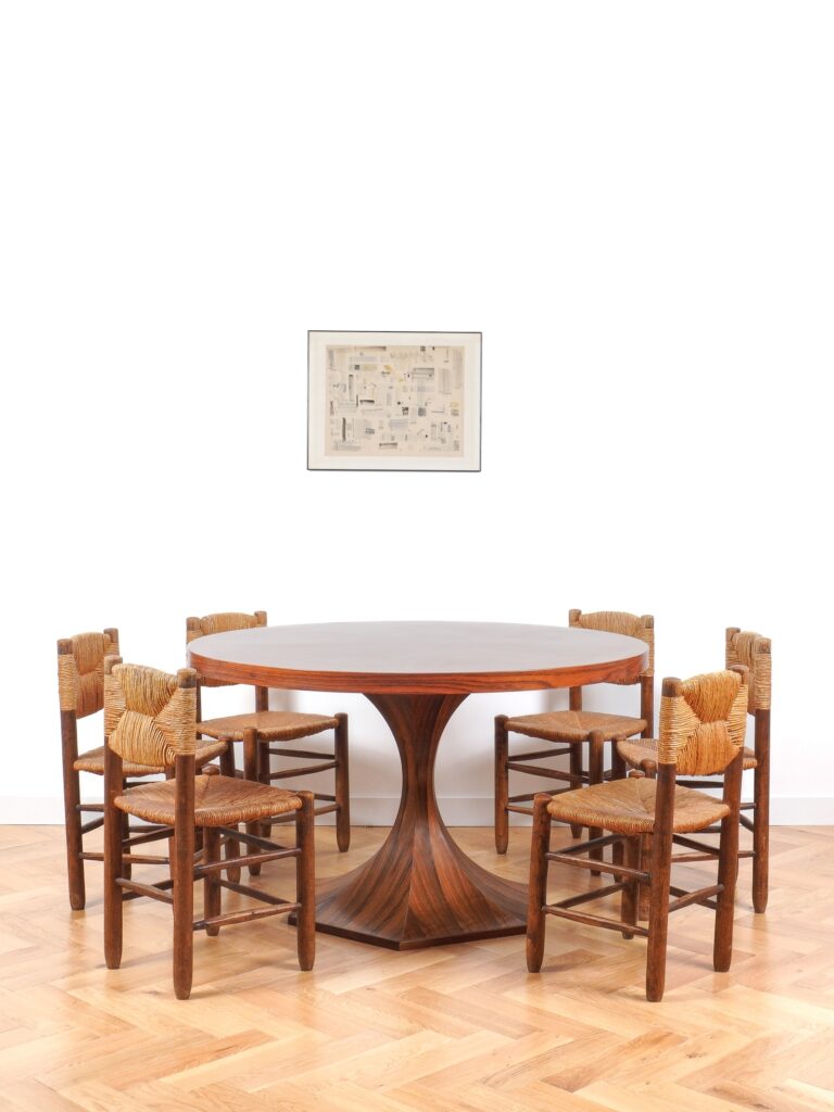table a diner ronde design bois italie Giulio MOSCATELLI diner table wood round chaises chair charlotte perriand bauches
