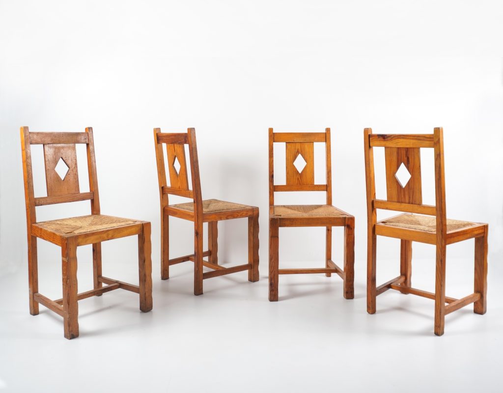 Ensemble de 4 chaises brutaliste bois & Paille