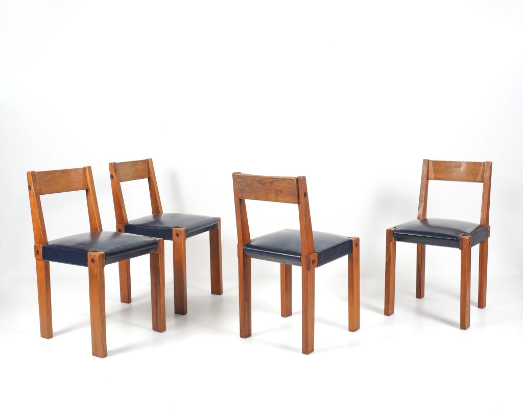 pierre chapo suite de 4 chaises S24 en bois et cuir