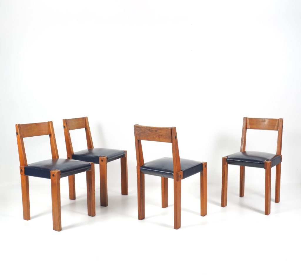pierre chapo suite de 4 chaises S24 en bois et cuir