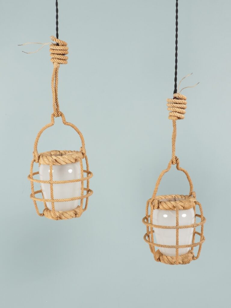 audoux minet paire de lanternes pair of lanterns corde opaline rope and glass mid century vers 1960
