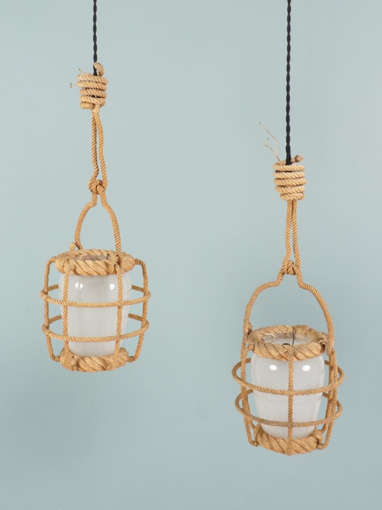 audoux minet paire de lanternes pair of lanterns corde opaline rope and glass mid century vers 1960