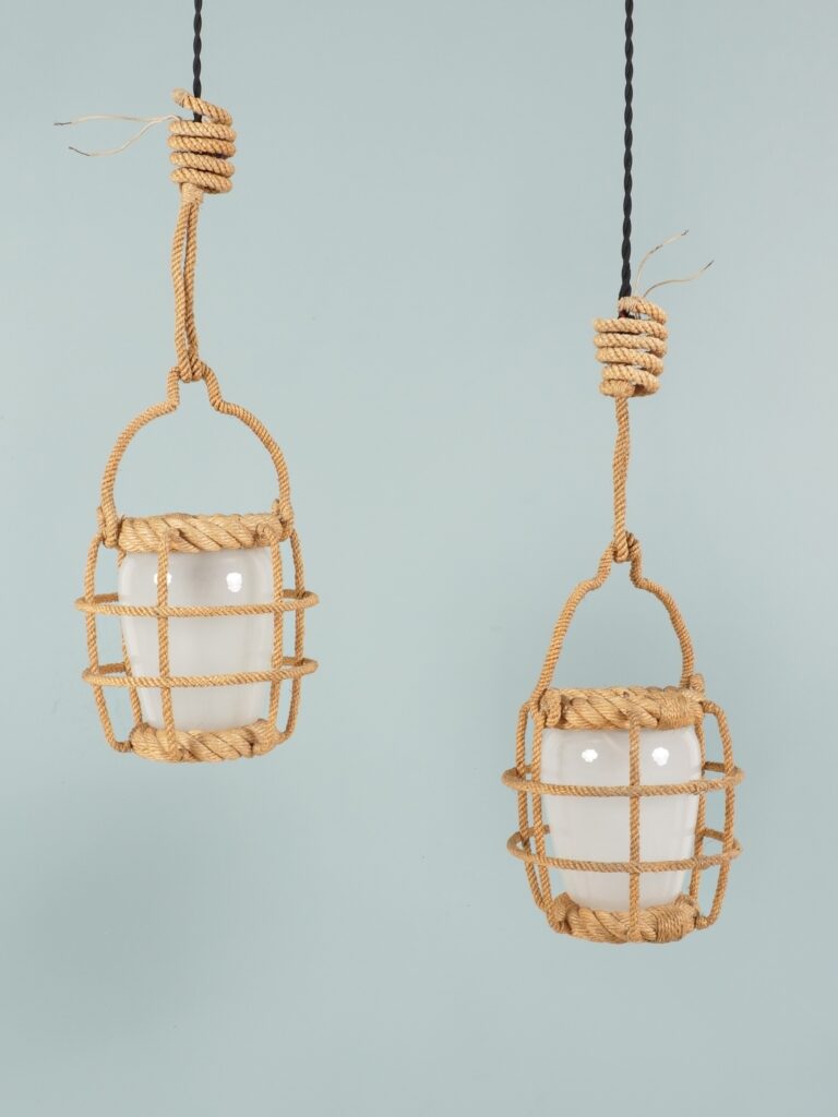 audoux minet paire de lanternes pair of lanterns corde opaline rope and glass mid century vers 1960