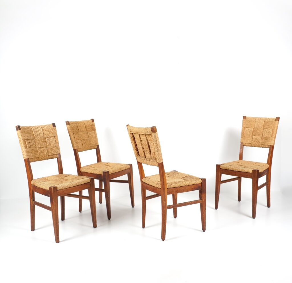 ensemble de 4 chaises en chêne et corde audoux minet vers 1950 design, brutaliste