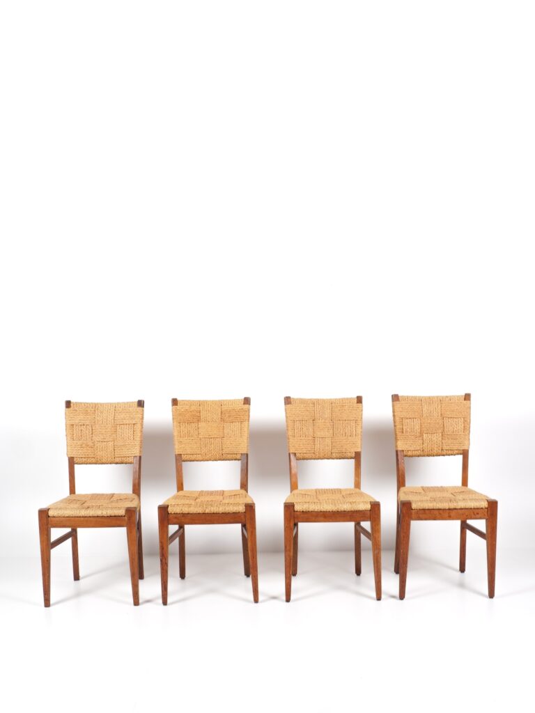 ensemble de 4 chaises en chêne et corde audoux minet vers 1950 design, brutaliste