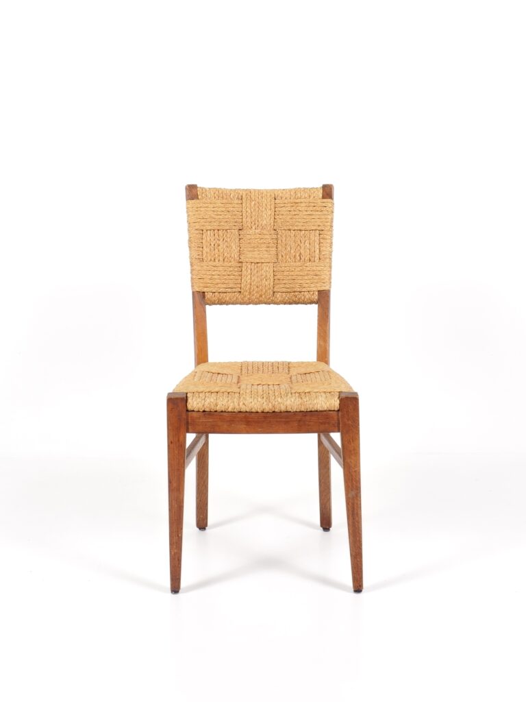 ensemble de 4 chaises en chêne et corde audoux minet vers 1950 design, brutaliste