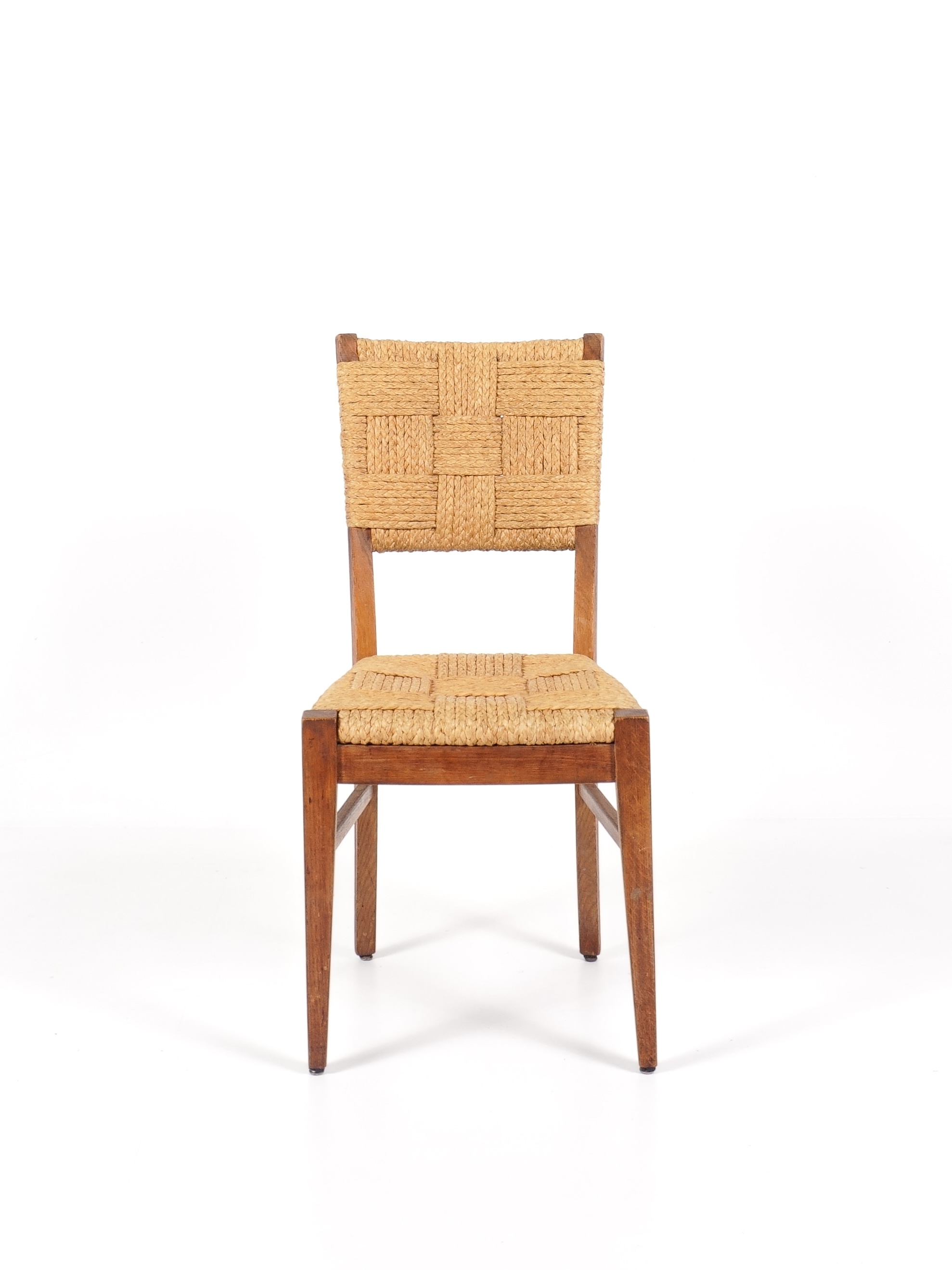 ensemble de 4 chaises en chêne et corde audoux minet vers 1950 design, brutaliste