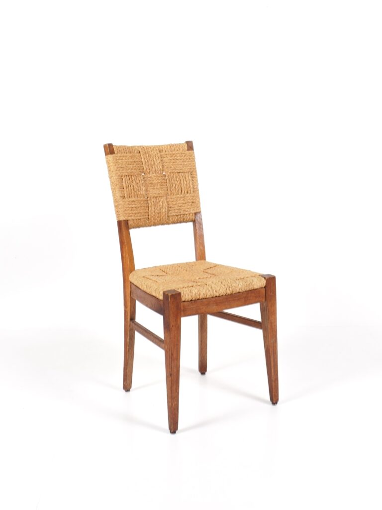 ensemble de 4 chaises en chêne et corde audoux minet vers 1950 design, brutaliste