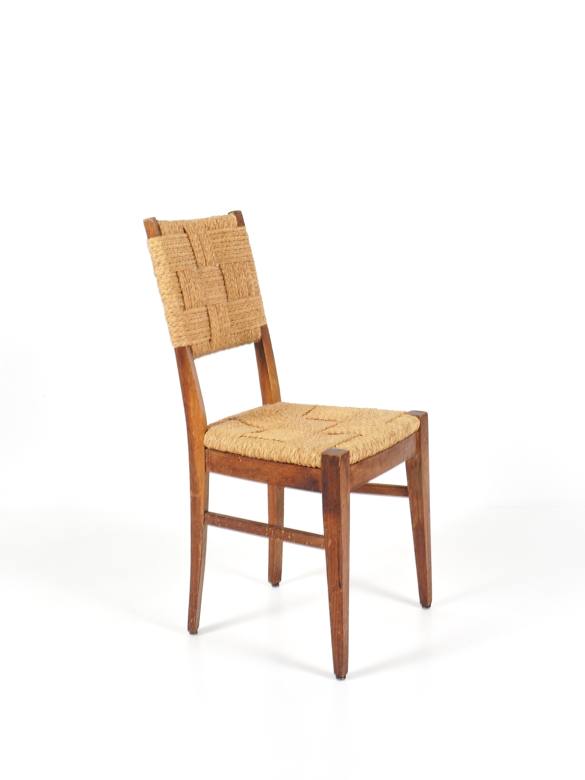 ensemble de 4 chaises en chêne et corde audoux minet vers 1950 design, brutaliste