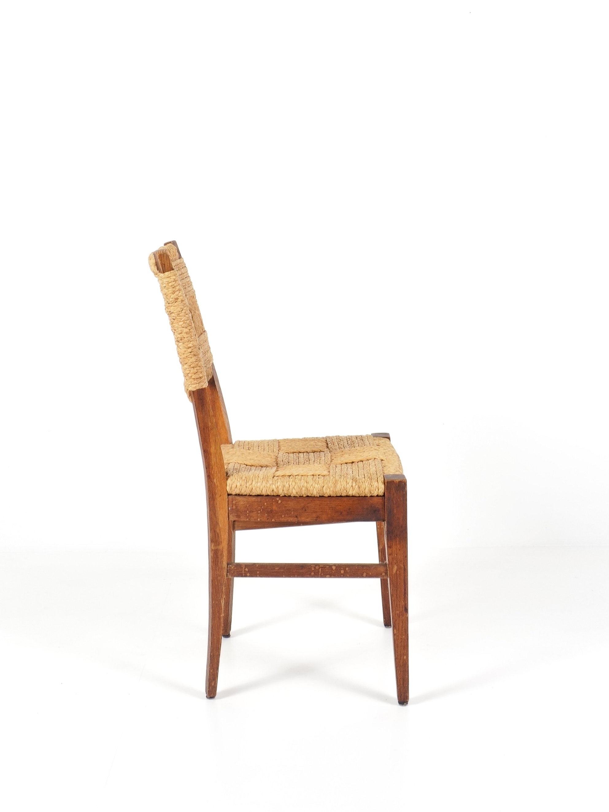 ensemble de 4 chaises en chêne et corde audoux minet vers 1950 design, brutaliste