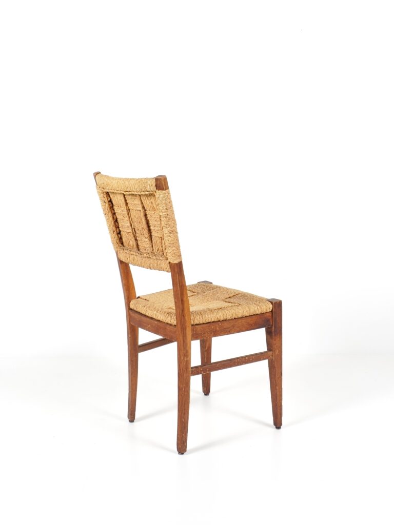 ensemble de 4 chaises en chêne et corde audoux minet vers 1950 design, brutaliste