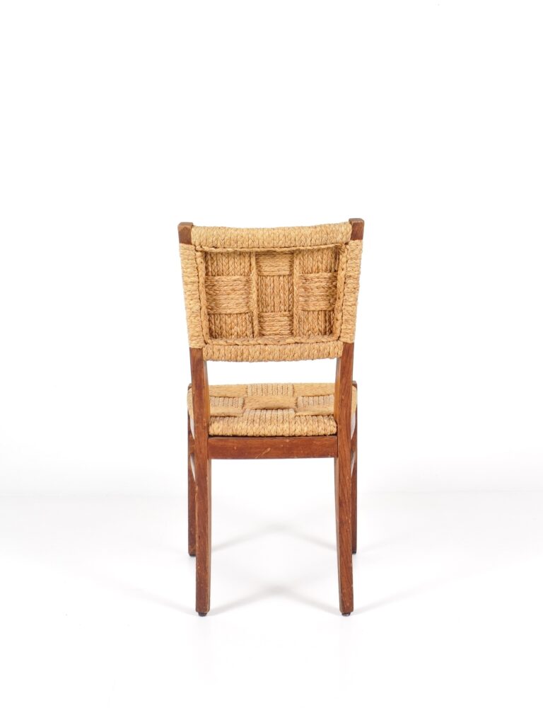 ensemble de 4 chaises en chêne et corde audoux minet vers 1950 design, brutaliste