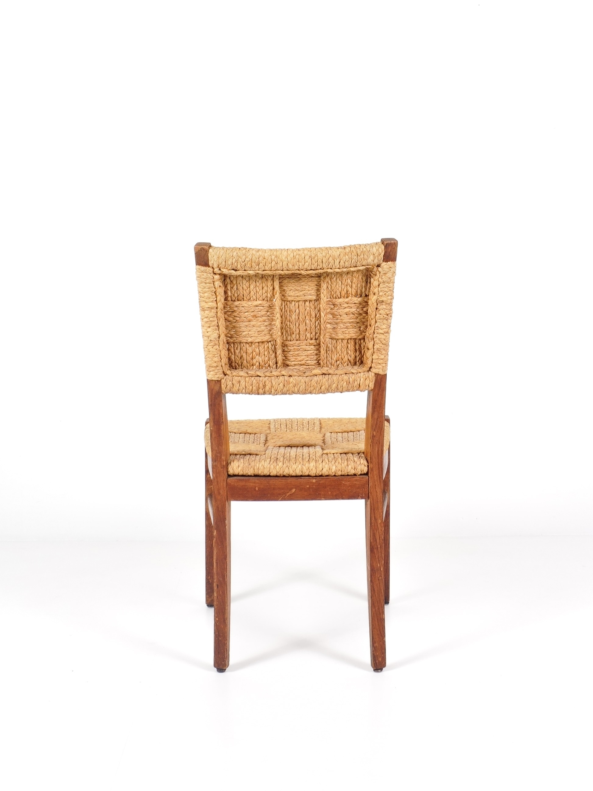 ensemble de 4 chaises en chêne et corde audoux minet vers 1950 design, brutaliste